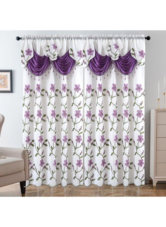 Petrichor Embroidery Sheer Curtain 2 Panels Set - Luxury Window Curtain Attached Valance with Satin Backing and 2 Tie Backs for Living Room,Dining Room, 54x63 inches,Lavender - Image 2