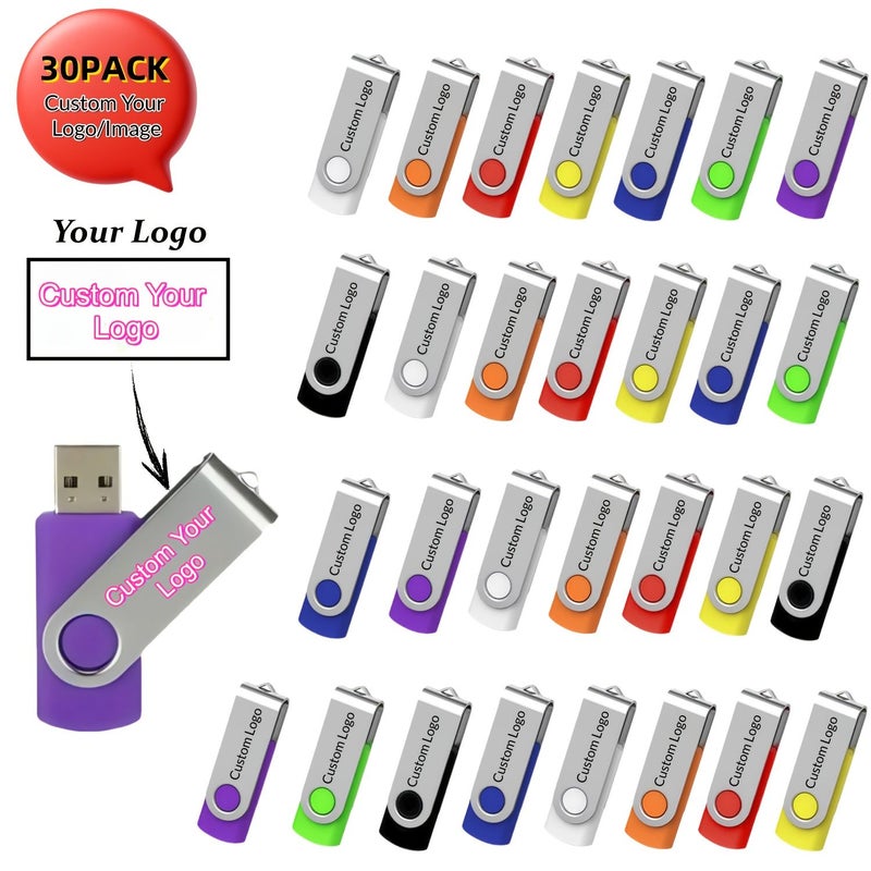 30 قطعة من محركات أقراص فلاش معدنية USB سعة 4 جيجابايت باللون الأسود مع شعار مخصص كهدايا ترويجية - Image 1