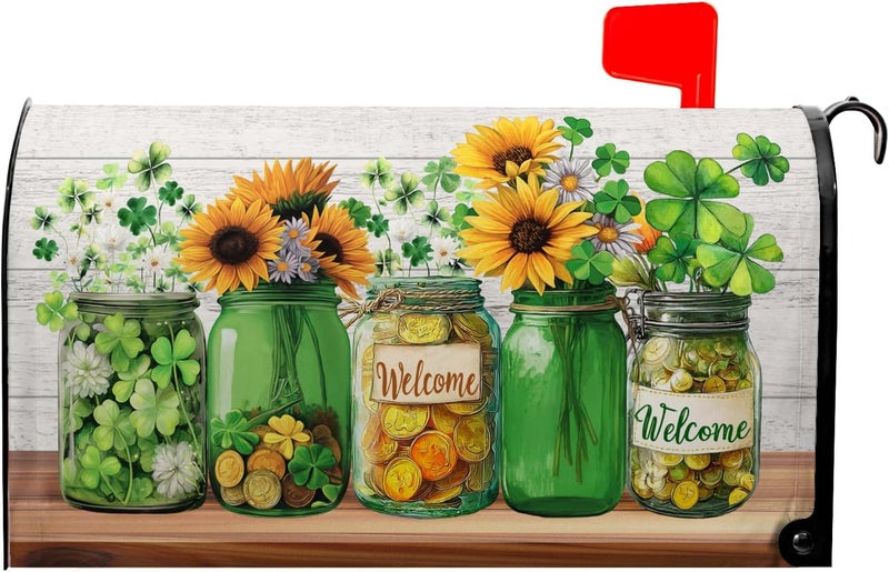 Farg St Patricks Day Mailbox Covers Magnetic Standard Size St Patrick's Day Mailbox Cover 21x18 Inch Spring Mail Box Wrap Shamrock Clover Post Letter Box Wraps for Garden Yard Home Decor - Image 1