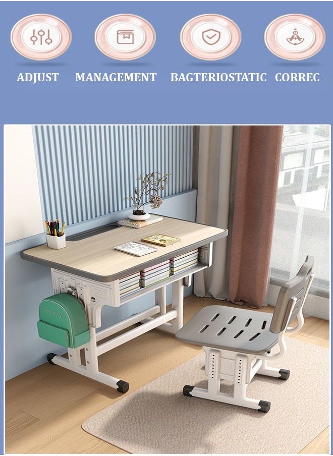 fashionhome - Modern Ergonomic Design Adjustable Height Student Desk with Storage Drawers Study Reading and Drawing Workstation Table Kids Furniture 60 x 40 x 76 and 38 x 36 x 42 Centimeter - Image 1