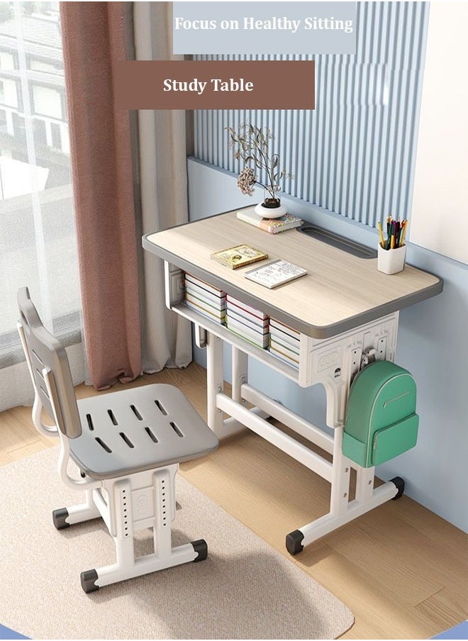 fashionhome - Modern Ergonomic Design Adjustable Height Student Desk with Storage Drawers Study Reading and Drawing Workstation Table Kids Furniture 60 x 40 x 76 and 38 x 36 x 42 Centimeter - Image 1