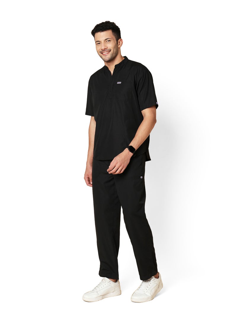 KNYA بدلة كنيا الكلاسيكية للرجال بقلنسوة ماندرين 5 جيوب | مقاس عادي | أكمام قصيرة | للأطباء | (L, أسود) - Image 1