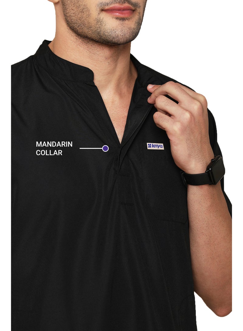 KNYA بدلة كنيا الكلاسيكية للرجال بقلنسوة ماندرين 5 جيوب | مقاس عادي | أكمام قصيرة | للأطباء | (L, أسود) - Image 5
