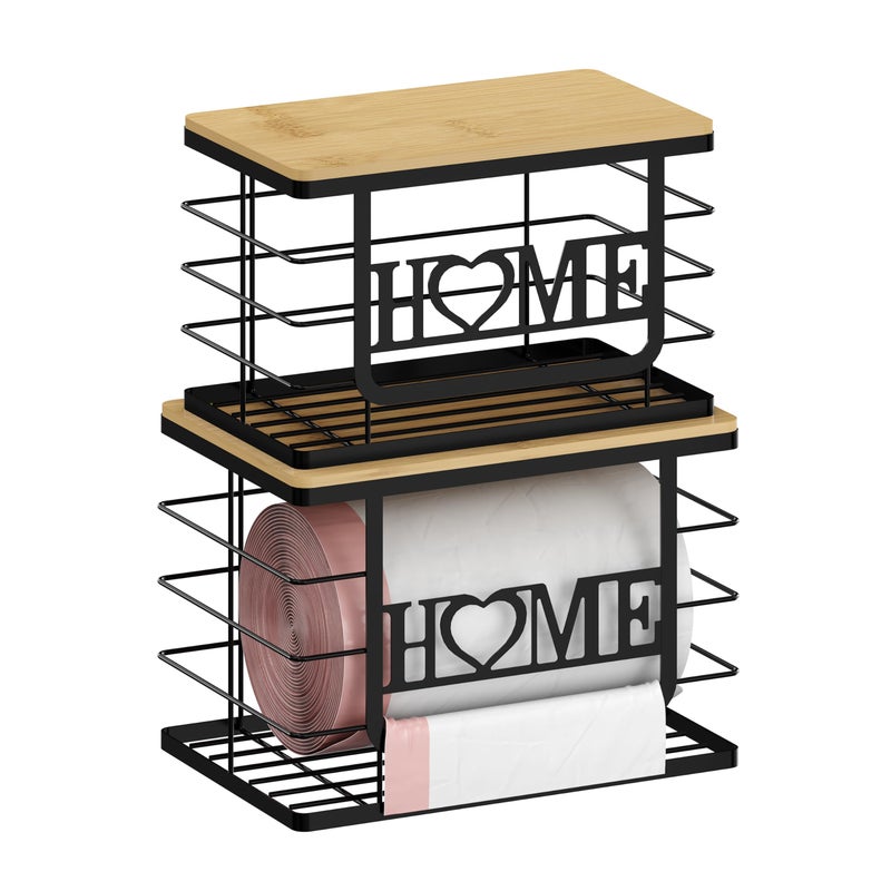 Thipoten Trash Bag Holder, Thipoten Trash Bags Dispenser with Bamboo Top, Suitable for Garbage Bags Purchased Online or Supermarket, Perfect Storage Organizers for Cabinet, Under Sink (Black, 2pack-XL/L) - Image 1