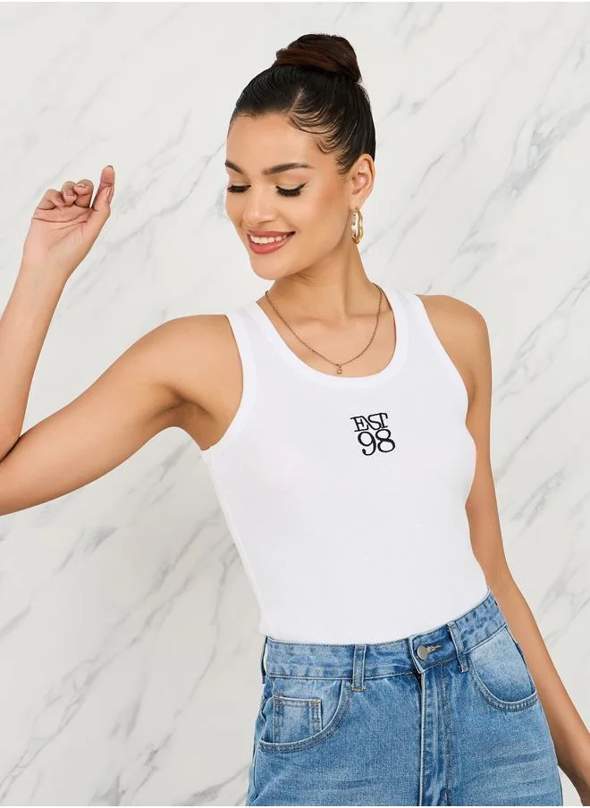 ستايلي Styli Fitted Est 98 Embroidered Ribbed Tank