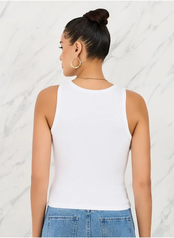 ستايلي Styli Fitted Est 98 Embroidered Ribbed Tank