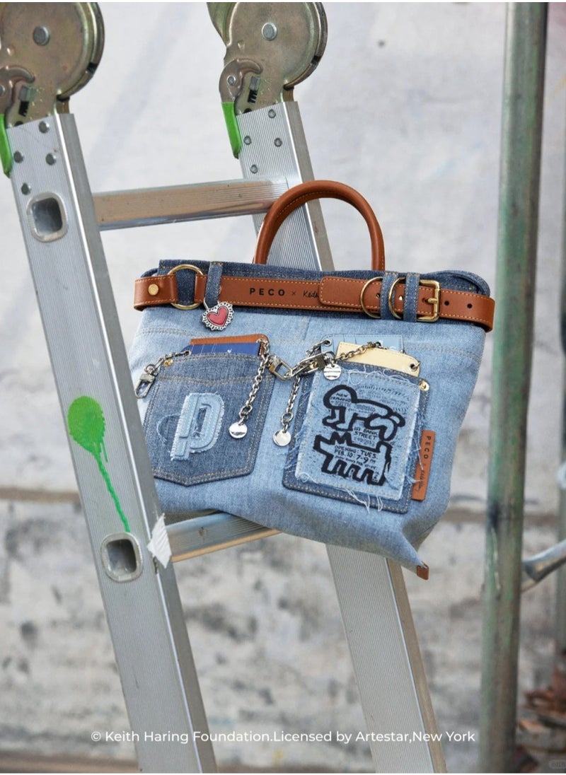 Peco - Keith Haring Artist Collaboration Shoulder Handbag Sailor Bag Denim Graffiti Print Autumn Crossbody Bag - Image 1