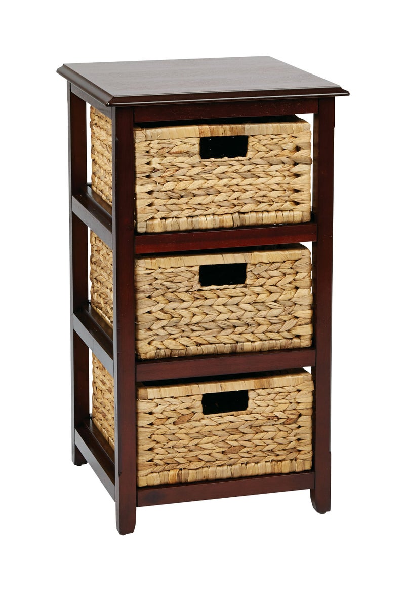 OSP Home Furnishings OSP Home Furnishings Seabrook Storage Tower with Solid Wood Frame and Natural Baskets 3Drawer Espresso Finish 