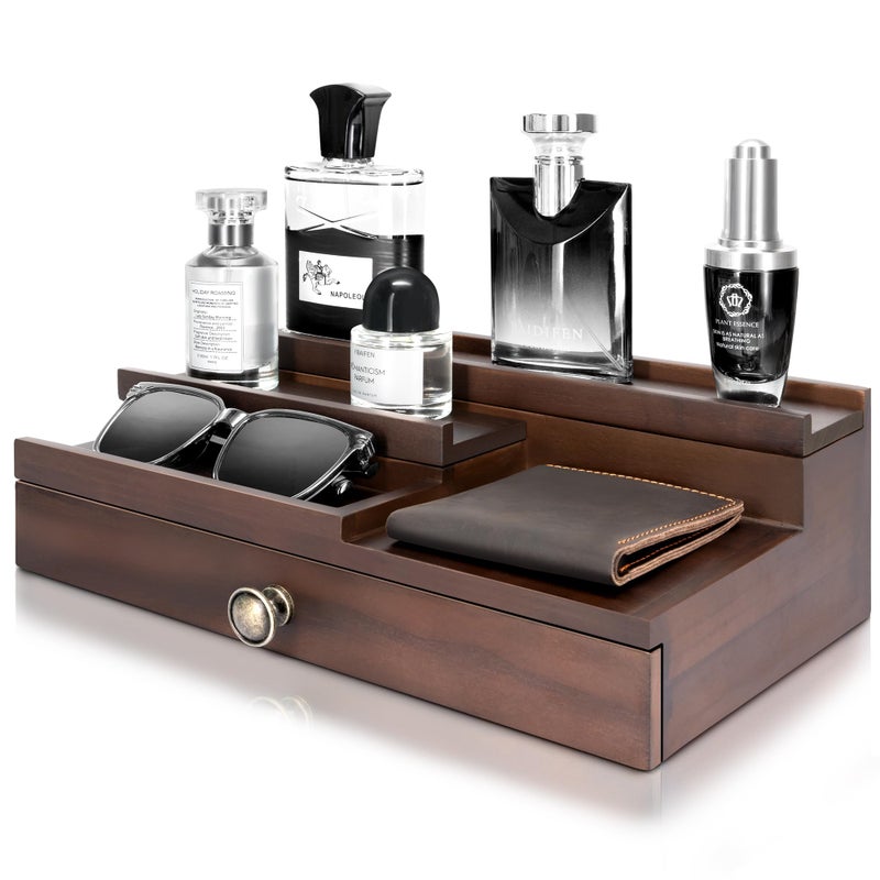 EOSAHR Farmhouse Cologne Organizer for Men 3 Tier Perfume Organizer with Hidden Compartment and Storage Drawer Great Gift for Boyfriend or Dad Retro Brown