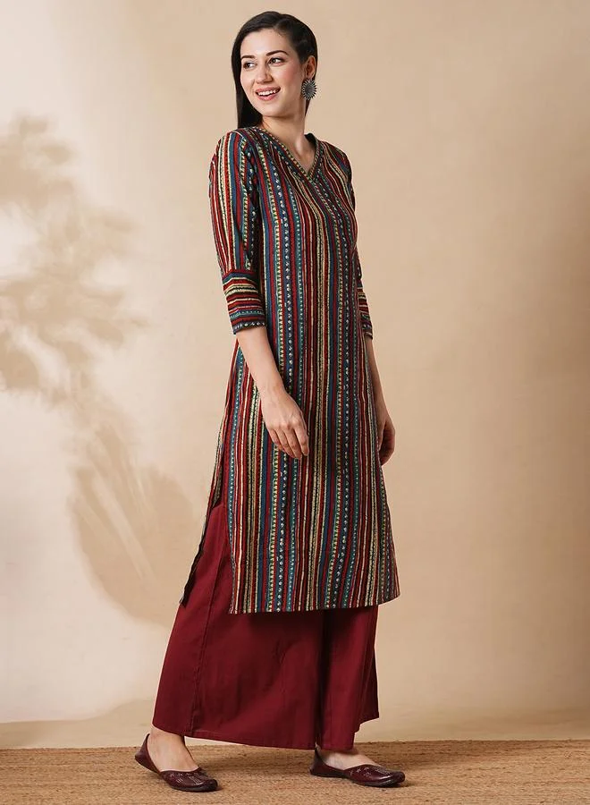 globus Geometric Stripe Print Straight Workwear Kurta and Palazzos Set