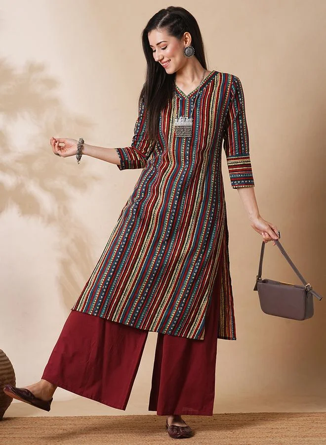 globus Geometric Stripe Print Straight Workwear Kurta and Palazzos Set