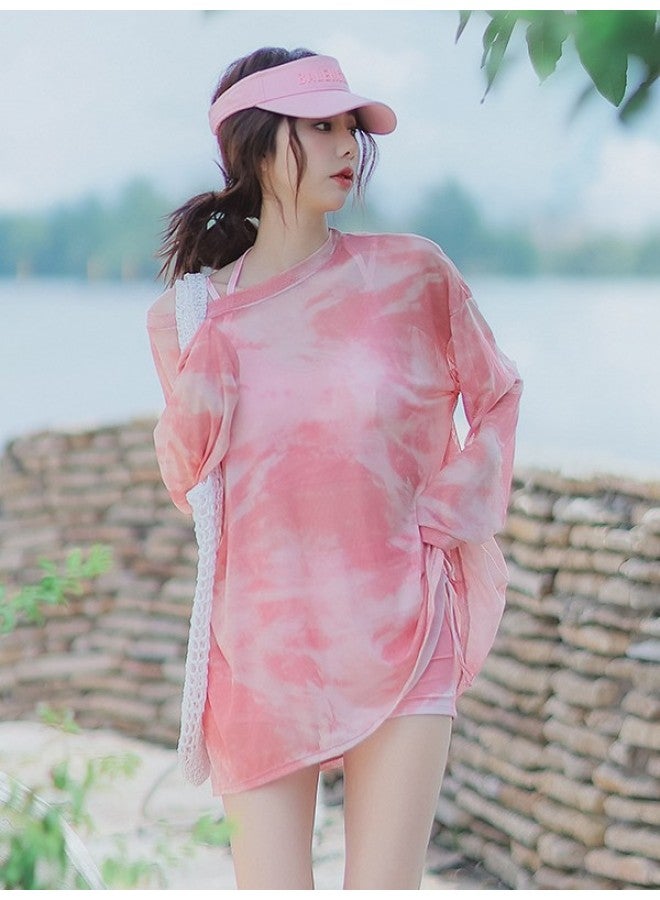 Generic Swimsuit Chubby Girl's Pink Belly-Covering Split Conservative Slim Sunscreen Blouse Hot Spring Seaside Three-Piece Set-Color:Pink Three-piece Set-Size:L - Image 1
