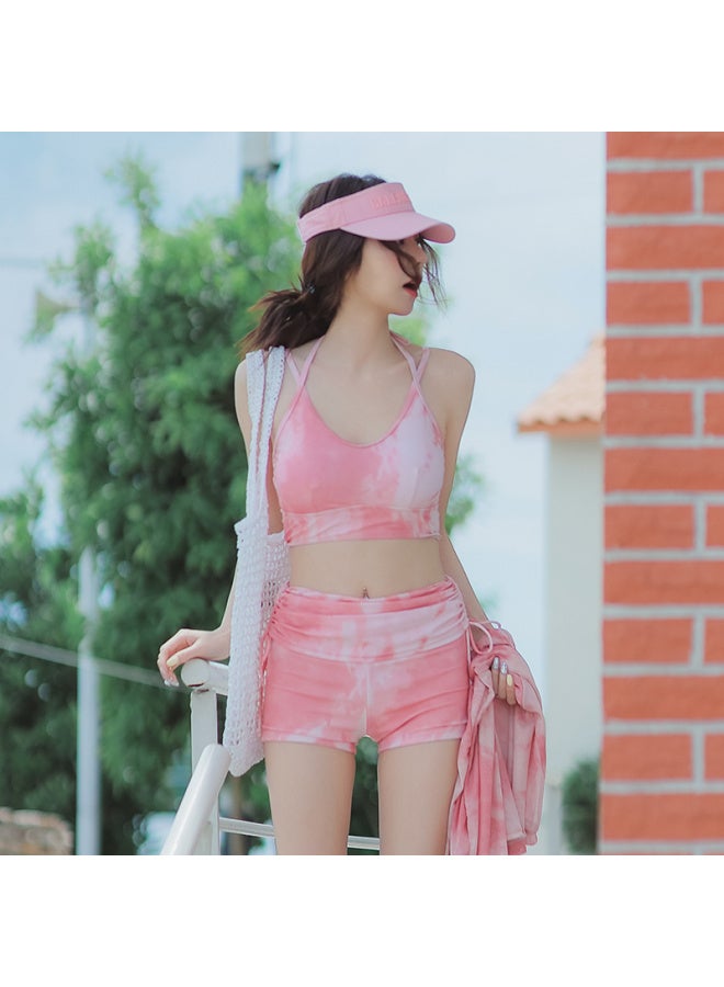 Generic Swimsuit Chubby Girl's Pink Belly-Covering Split Conservative Slim Sunscreen Blouse Hot Spring Seaside Three-Piece Set-Color:Pink Three-piece Set-Size:L - Image 4