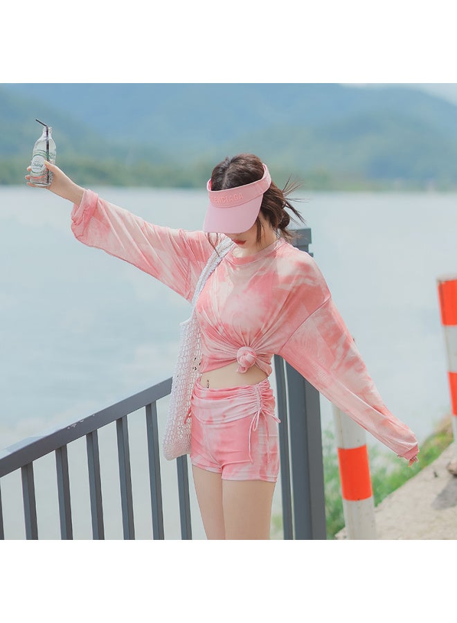 Generic Swimsuit Chubby Girl's Pink Belly-Covering Split Conservative Slim Sunscreen Blouse Hot Spring Seaside Three-Piece Set-Color:Pink Three-piece Set-Size:L - Image 2