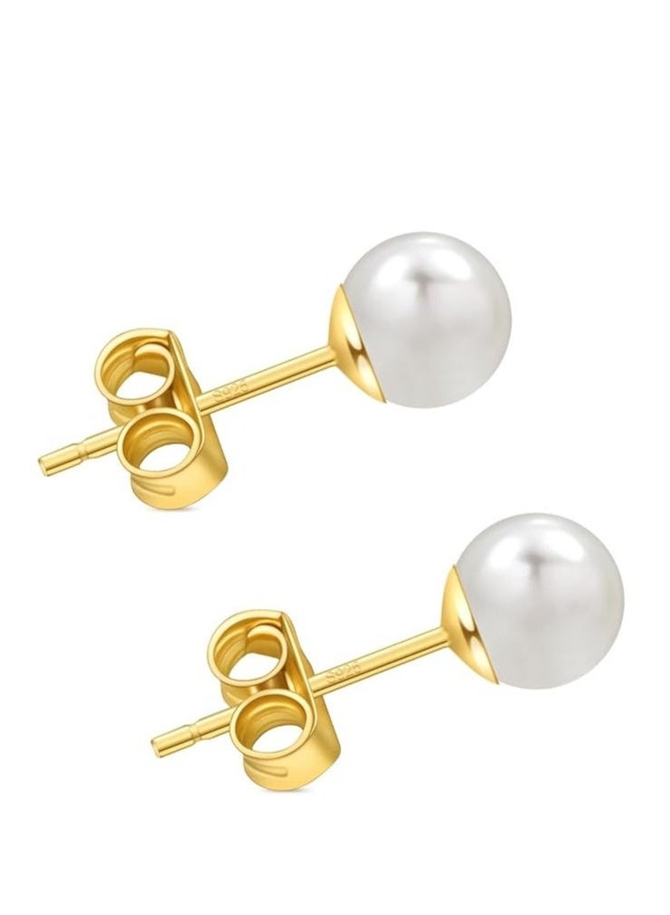 8MM Freshwater Pearl Stud Earrings for Women, Hypoallergenic 18K Gold Vermeil Earrings Studs with Genuine Round White Pearls - Image 1