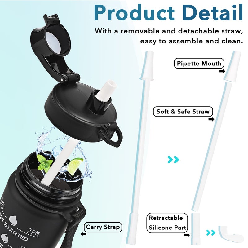 Enerbone زجاجة ماء إينر بون سعة 32 أونصة، مضادة للتسرب وخالية من BPA والمواد السامة، زجاجة ماء تحفيزية مع أوقات للشرب وقشة، زجاجة ماء رياضية للياقة البدنية مع حزام للمكتب، الصالة الرياضية، والرياضات الخارجية، باللون الأسود غير اللامع - Image 5