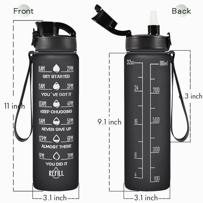 Enerbone زجاجة ماء إينر بون سعة 32 أونصة، مضادة للتسرب وخالية من BPA والمواد السامة، زجاجة ماء تحفيزية مع أوقات للشرب وقشة، زجاجة ماء رياضية للياقة البدنية مع حزام للمكتب، الصالة الرياضية، والرياضات الخارجية، باللون الأسود غير اللامع - Image 3