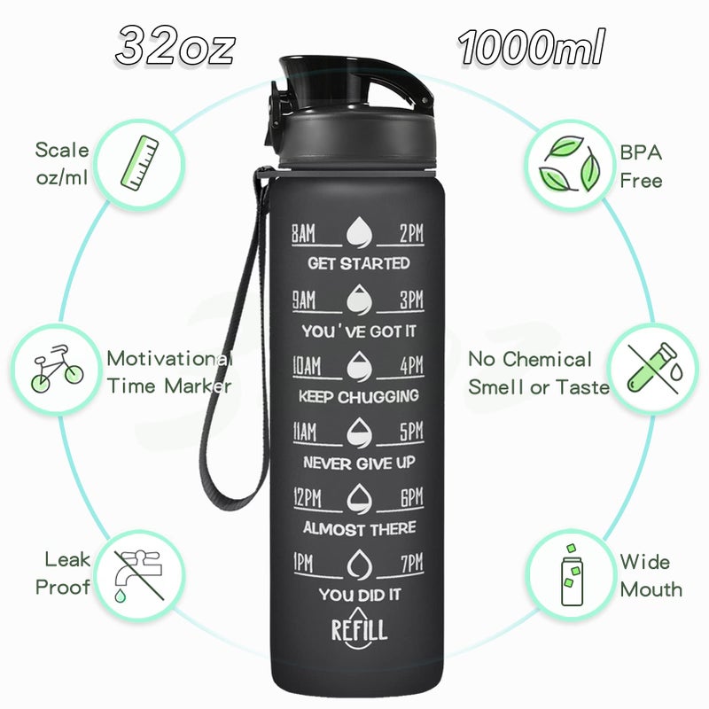 Enerbone زجاجة ماء إينر بون سعة 32 أونصة، مضادة للتسرب وخالية من BPA والمواد السامة، زجاجة ماء تحفيزية مع أوقات للشرب وقشة، زجاجة ماء رياضية للياقة البدنية مع حزام للمكتب، الصالة الرياضية، والرياضات الخارجية، باللون الأسود غير اللامع - Image 2