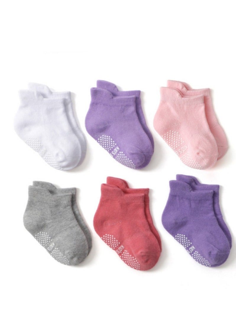 6 Pairs Kids Non-Slip Socks Toddler Anti Skid Sticky Socks Unisex Children Socks Winter Socks Cotton Socks Set Grip Crew Socks with Non-Slip Soles - Image 1