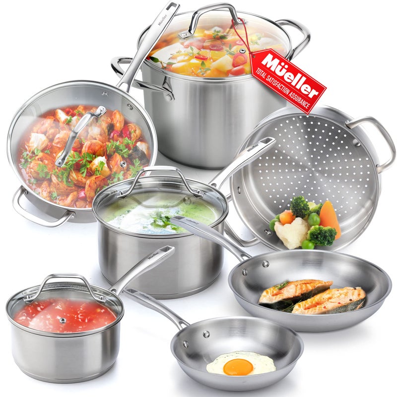 Mueller Pots and Pans Set 11-Piece, Ultra-Clad Pro Stainless Steel Cookware Set, Ergonomic and EverCool Stainless Steel Handle, Includes Saucepans, Skillets, Stockpot, Saute Pan, Steamer - Image 1