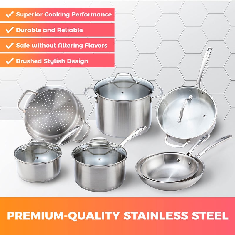 Mueller Pots and Pans Set 11-Piece, Ultra-Clad Pro Stainless Steel Cookware Set, Ergonomic and EverCool Stainless Steel Handle, Includes Saucepans, Skillets, Stockpot, Saute Pan, Steamer - Image 2