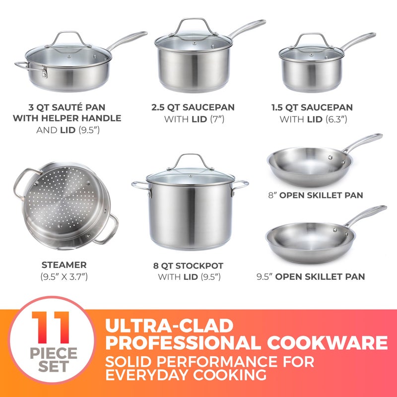 Mueller Pots and Pans Set 11-Piece, Ultra-Clad Pro Stainless Steel Cookware Set, Ergonomic and EverCool Stainless Steel Handle, Includes Saucepans, Skillets, Stockpot, Saute Pan, Steamer - Image 4