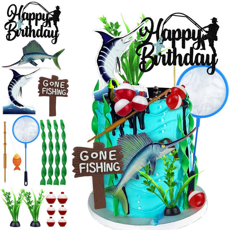 KDPATFAV 18 PCS Gone Fishing Cake Topper Decoration for Fisherman Themed Birthday Retirement Party Supplies - Image 1