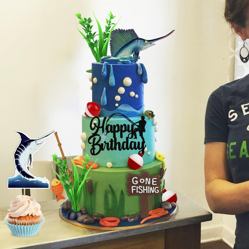 KDPATFAV 18 PCS Gone Fishing Cake Topper Decoration for Fisherman Themed Birthday Retirement Party Supplies - Image 5