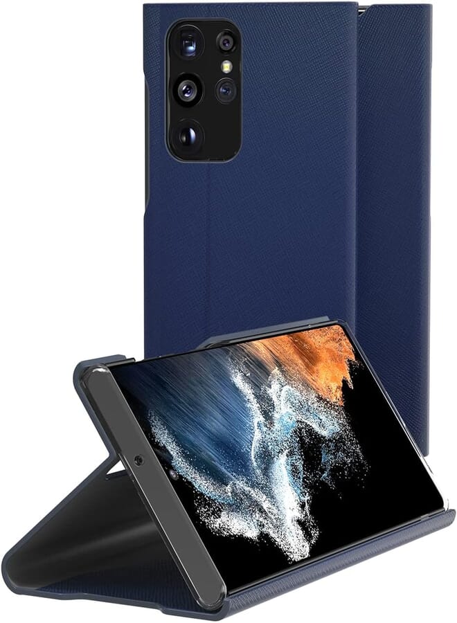 araree Bonnet Stand Hybrid Premium Taiga Pattern PU Leather Cover Compatible with Samsung Galaxy S22 Ultra Full Protection Flip Case for Women, Men (ASH Blue)|1 year manufacturer warranty
