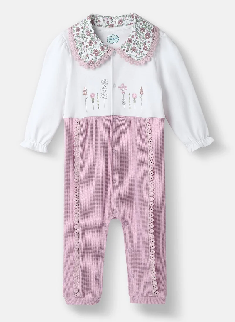 نوتيناتي Nautinati Girls' Textured Fabric Floral Embroidered Collared Jumpsuit