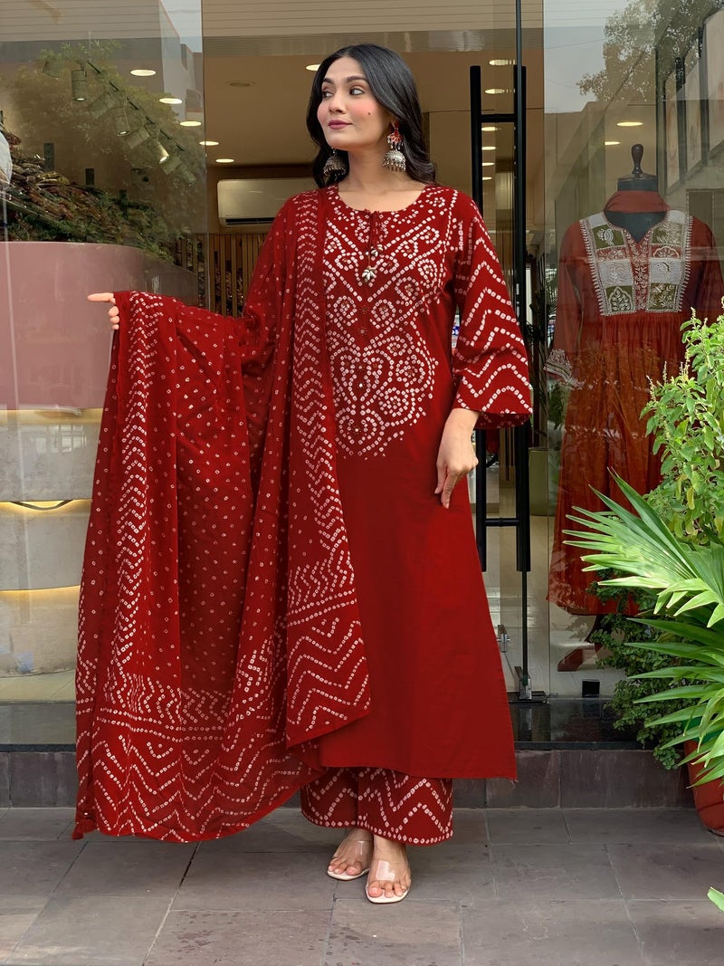 GoSriKi Women's Rayon Viscose Bandhej Printed Straight Kurta Pant with Dupatta (SAGARI RED-VKS01-GS_M_Red_Medium) - Image 2