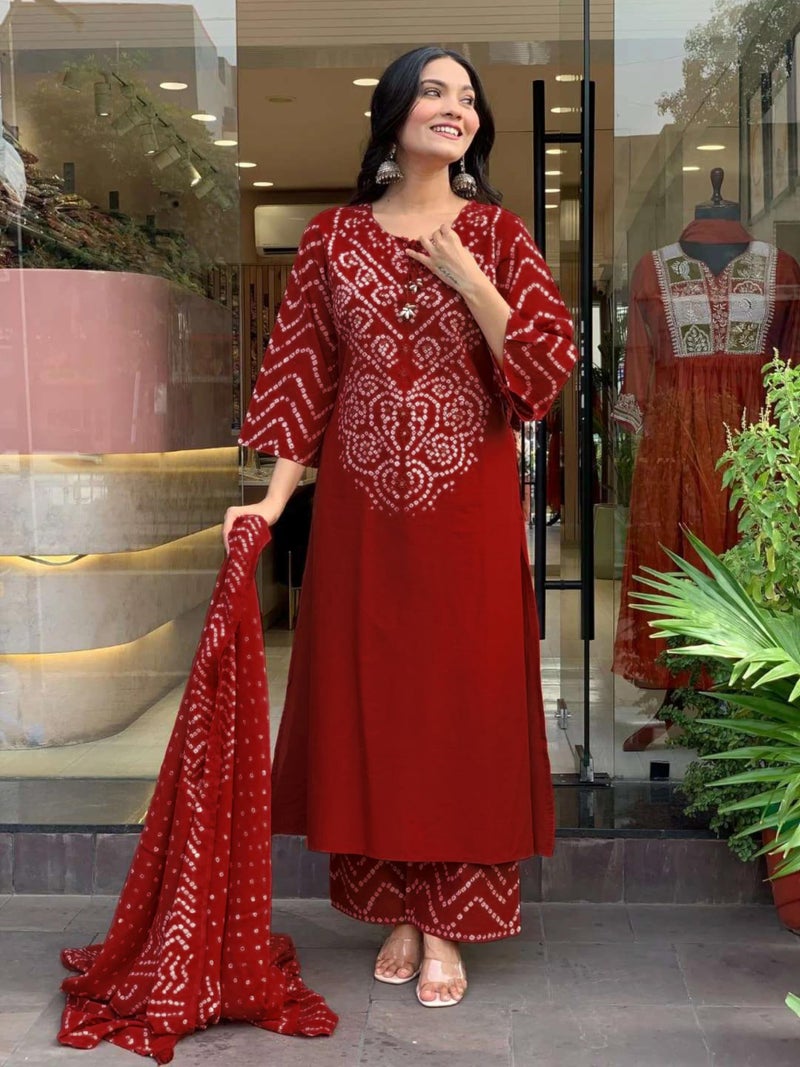 GoSriKi Women's Rayon Viscose Bandhej Printed Straight Kurta Pant with Dupatta (SAGARI RED-VKS01-GS_M_Red_Medium) - Image 5