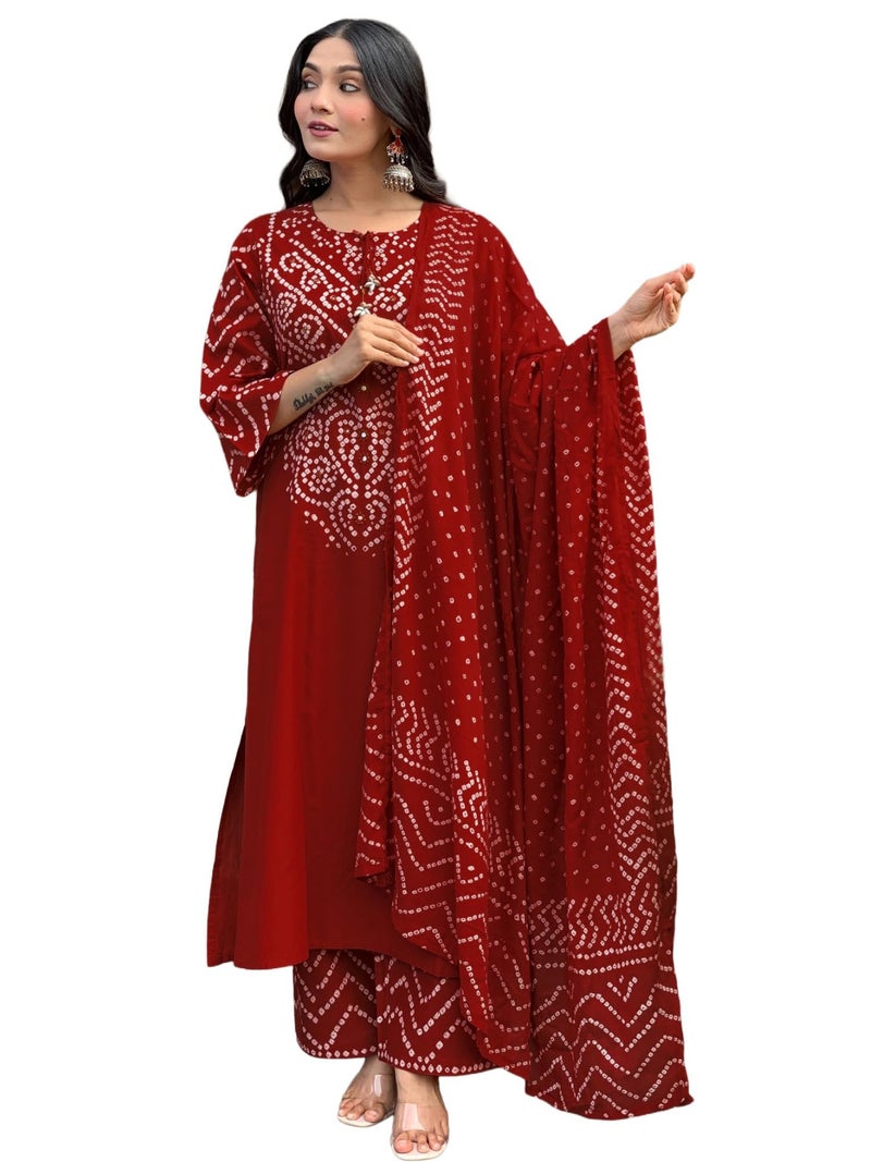 GoSriKi Women's Rayon Viscose Bandhej Printed Straight Kurta Pant with Dupatta (SAGARI RED-VKS01-GS_M_Red_Medium) - Image 1