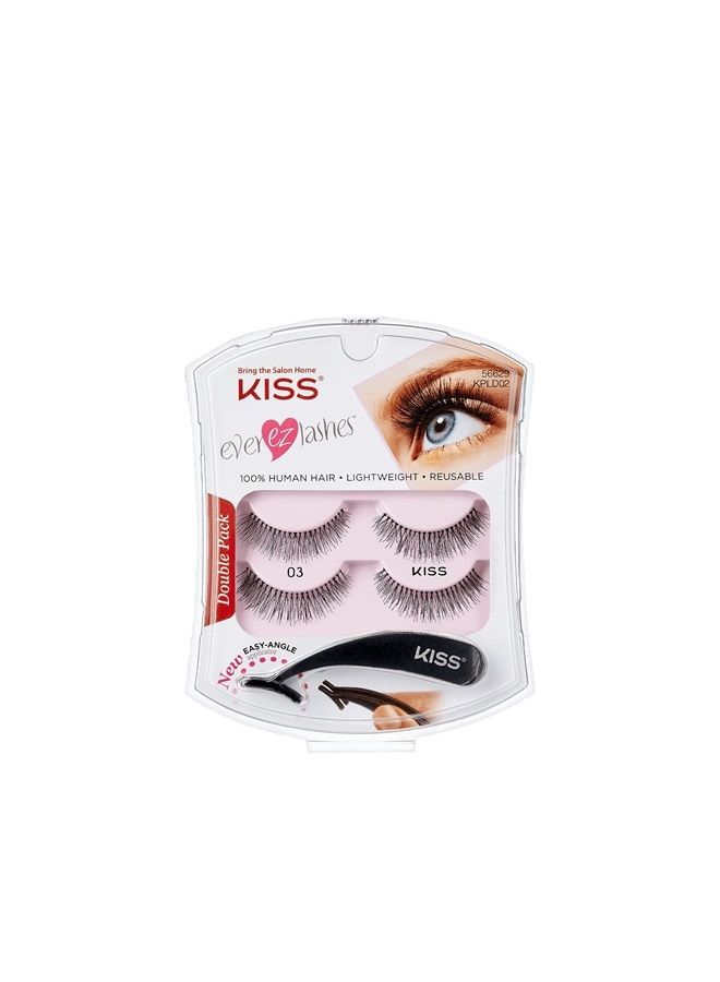 KISS Ever EZ Lashes Double Pack No. 03, Reusable Natural Eyelash Starter Kit, Includes Easy-Angle Applicator and 2 Pairs Human Hair False Eyelashes - Image 1
