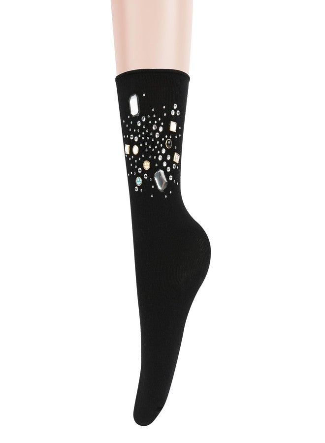 Violet Mist Womens Novelty Black Crew Socks Cute Princess Socks with Rhinestone Decorated Glitter Socks Lolita Socks Vintage Elegant Dress Socks Pretty Soft Cotton High Ankle Socks Handmade, Black - Image 2