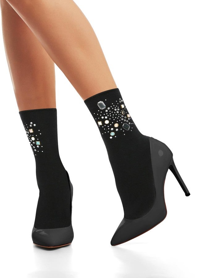 Violet Mist Womens Novelty Black Crew Socks Cute Princess Socks with Rhinestone Decorated Glitter Socks Lolita Socks Vintage Elegant Dress Socks Pretty Soft Cotton High Ankle Socks Handmade, Black - Image 1