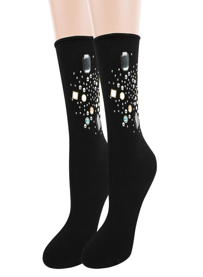 Violet Mist Womens Novelty Black Crew Socks Cute Princess Socks with Rhinestone Decorated Glitter Socks Lolita Socks Vintage Elegant Dress Socks Pretty Soft Cotton High Ankle Socks Handmade, Black - Image 4