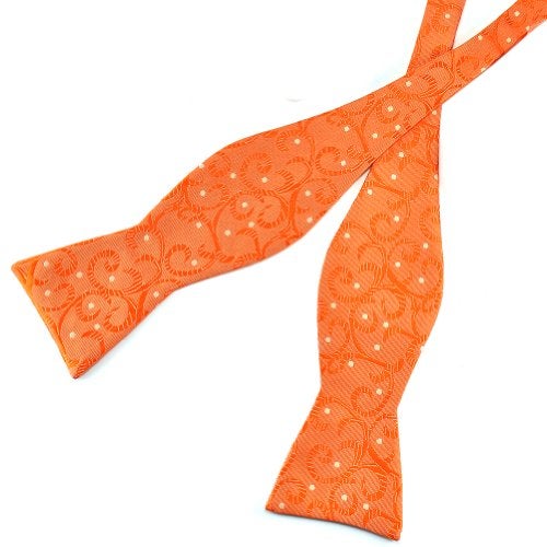 PenSee Mens Self Bow Tie Orange & Yellow Dot Floral Jacquard Woven Silk Bow Ties - Image 2