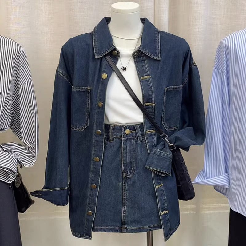2024 Early Autumn New Korean Style Retro Casual Single-breasted Denim Shirt Jacket High Waist Skirt Two-piece Set for Women [two-piece] Denim coat Denim skirt