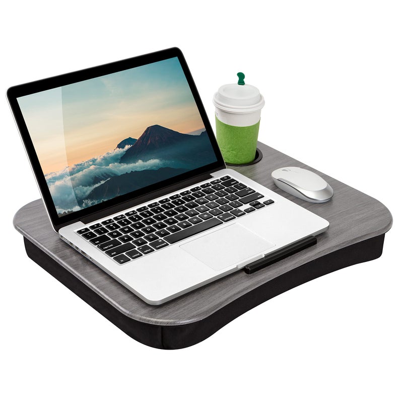 LAPGEAR Cup Holder Lap Desk with Device Ledge - Gray Woodgrain - Fits up to 14 Inch Laptops - Style No. 46325 - Image 1