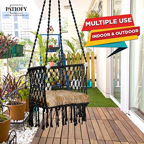 Patiofy Adults, Kid's Premium Cotton C-Swing Hanging Chair With Golden Color Cushion And Accessories - Black, 84 Cm, 51 Cm, 2.5 Cm - Image 5