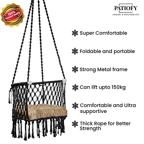 Patiofy Adults, Kid's Premium Cotton C-Swing Hanging Chair With Golden Color Cushion And Accessories - Black, 84 Cm, 51 Cm, 2.5 Cm - Image 2