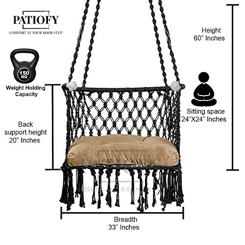Patiofy Adults, Kid's Premium Cotton C-Swing Hanging Chair With Golden Color Cushion And Accessories - Black, 84 Cm, 51 Cm, 2.5 Cm - Image 4
