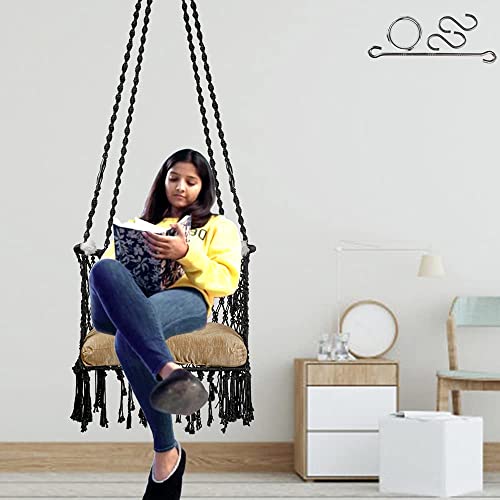 Patiofy Adults, Kid's Premium Cotton C-Swing Hanging Chair With Golden Color Cushion And Accessories - Black, 84 Cm, 51 Cm, 2.5 Cm - Image 1