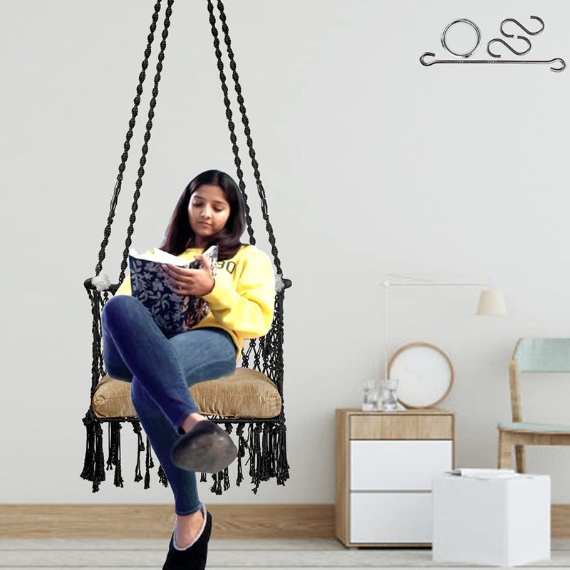 Patiofy Adults, Kid's Premium Cotton C-Swing Hanging Chair With Golden Color Cushion And Accessories - Black, 84 Cm, 51 Cm, 2.5 Cm - Image 3