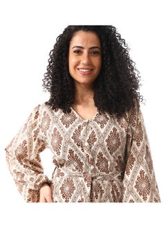Andora Ginger Bread Brown & White Long Belted Casual Dress_Ginger Bread Brown & White  - Image 3