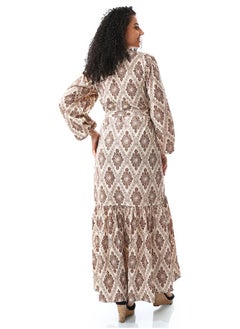 Andora Ginger Bread Brown & White Long Belted Casual Dress_Ginger Bread Brown & White  - Image 5