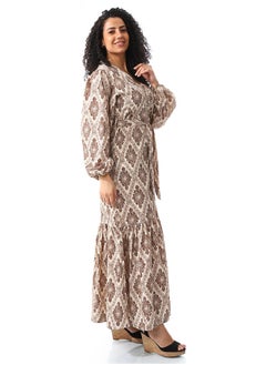Andora Ginger Bread Brown & White Long Belted Casual Dress_Ginger Bread Brown & White  - Image 4