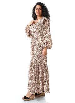 Andora Ginger Bread Brown & White Long Belted Casual Dress_Ginger Bread Brown & White  - Image 2