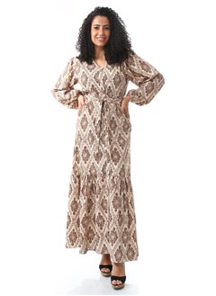 Andora Ginger Bread Brown & White Long Belted Casual Dress_Ginger Bread Brown & White  - Image 1
